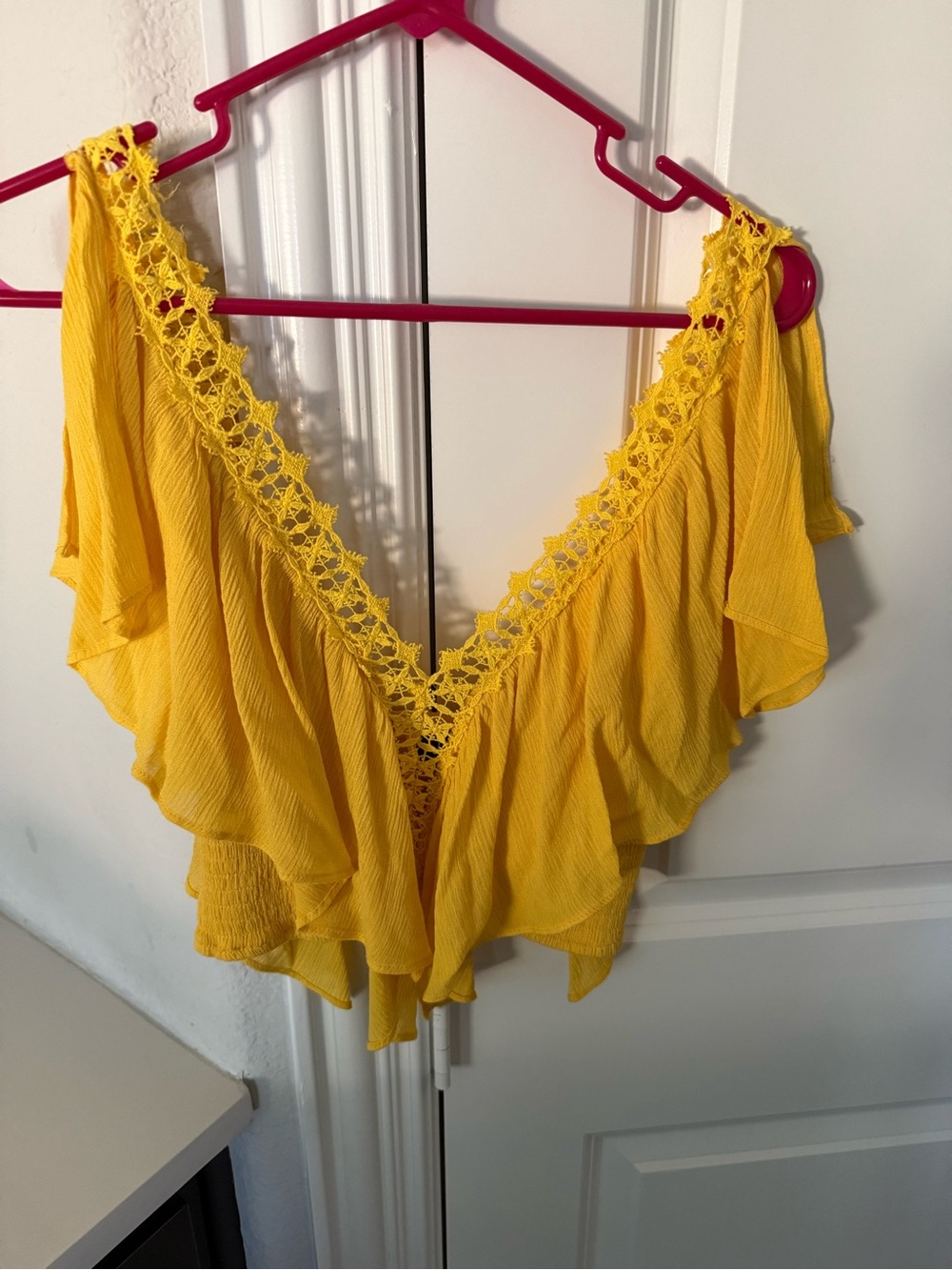 Lulu's Bright Yellow Crochet-Trim Ruffle Camisole